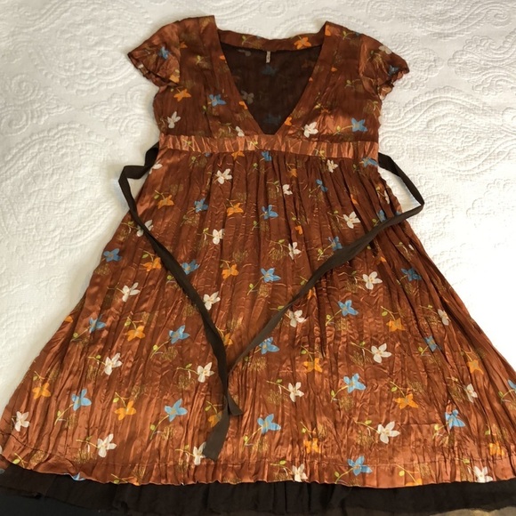 Free People Women's V-Neck Babydoll  Floral Rust Silk Mini Dress Size 12 - Picture 10 of 14